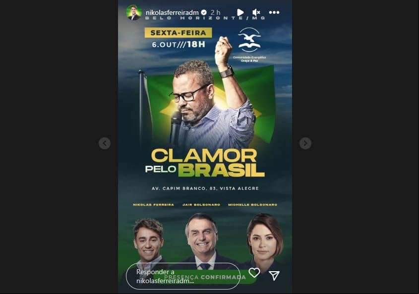Bolsonaro visita igreja do pai de Nikolas Ferreira, em BH, na sexta-feira
